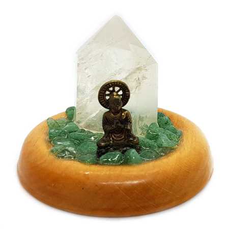 Buddha mit Bergkristall, Aventurin in Holzgefäß